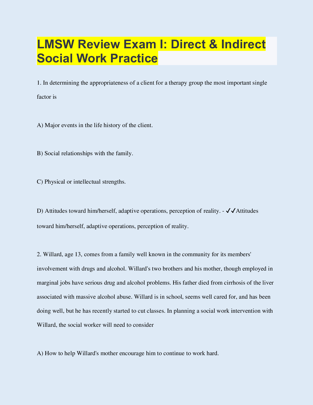 Preview of LMSW Review Exam I: Direct & Indirect Social Work Practice